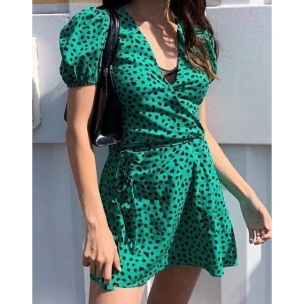 Urban Outfitters Green Black Polka Dot Mini Wrap Dress V-Neck Short Sleeve XS